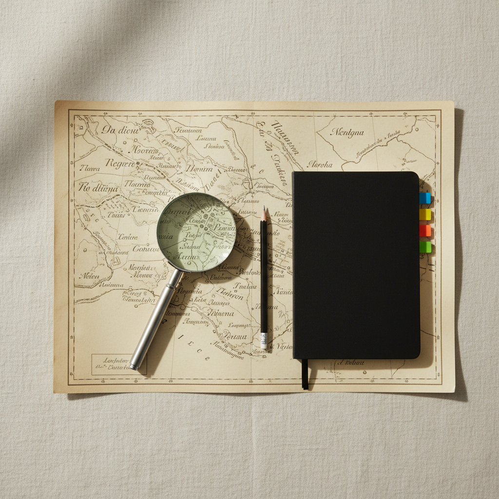A flat lay of a modern research scene on a pale beige linen surface, featuring a large, unfolded reproduction of an old, sepia-toned map with Indigenous place names clearly visible. On top of the map rests a sleek, brushed-metal magnifying glass and a minimalist black notebook with color-coded sticky tabs along the edge. A graphite pencil, neatly sharpened, lies parallel to the notebook, reinforcing the sense of structure. Soft, indirect daylight from the left creates smooth gradients of light and shadow, avoiding harsh contrast. The composition uses negative space and a balanced, asymmetrical layout, with sharp photographic clarity. The overall mood is calm, investigative, and precise, blending historical texture with a clean, corporate aesthetic ideal for an article about re-examining accepted historical accounts.